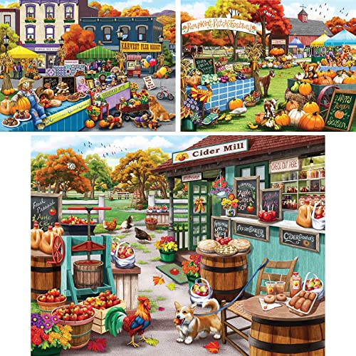 Bits and Pieces – Value Set of Three 500 Piece Jigsaw Puzzles for Adults – Harvest Flea Market, Pumpkin Festival, Visiting The Cider Mill Artist Nancy Wernersbach, Completed Puzzle Size: 18" x 24"