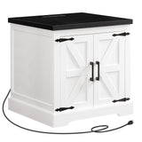 MAHANCRIS Farmhouse Nightstand with Charging Station, 24" Large End Table with Barn Door and Adjustable Storage Shelf, Square White Nightstand, Rustic Bedside Table for Bedroom, Living Room MAHANCRIS