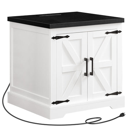 MAHANCRIS Farmhouse Nightstand with Charging Station, 24" Large End Table with Barn Door and Adjustable Storage Shelf, Square White Nightstand, Rustic Bedside Table for Bedroom, Living Room MAHANCRIS