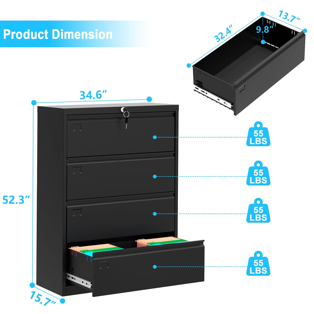 Euker 52inch High 4 Drawer Metal Lateral Filing Cabinet - File Cabinets, Lockable Storage, Organizes Hanging Files (Letter/Legal/F4/A4 Size), Requires Assembly, Visit The Letaya Store Euker