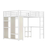 KEIKI Queen Size Loft Bed Frame with Built-in Wardrobe, Metal Loft Bed with Desk, Storage Shelves, Hanging Rod, Guardrail and Ladder, Noise Reduced BedFrame for Teens and Adults, White Wood-Grain KEIKI