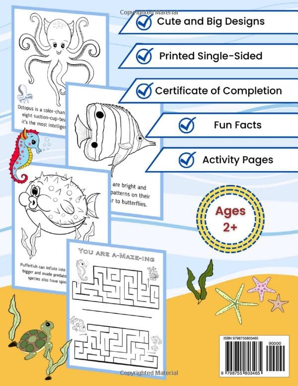 Ocean Animals Coloring Book: For Kids age 2-7 , 8.5 x 11 Inch (21.59 x 27.94 cm) (Educational Kids Coloring Books) WoodArtSupply