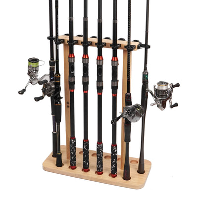 VEYWANE Fishing Rod Storage Racks, 100% Wood Floor Stand Fishing Pole Holders for Garage of 14 Rods or Combos