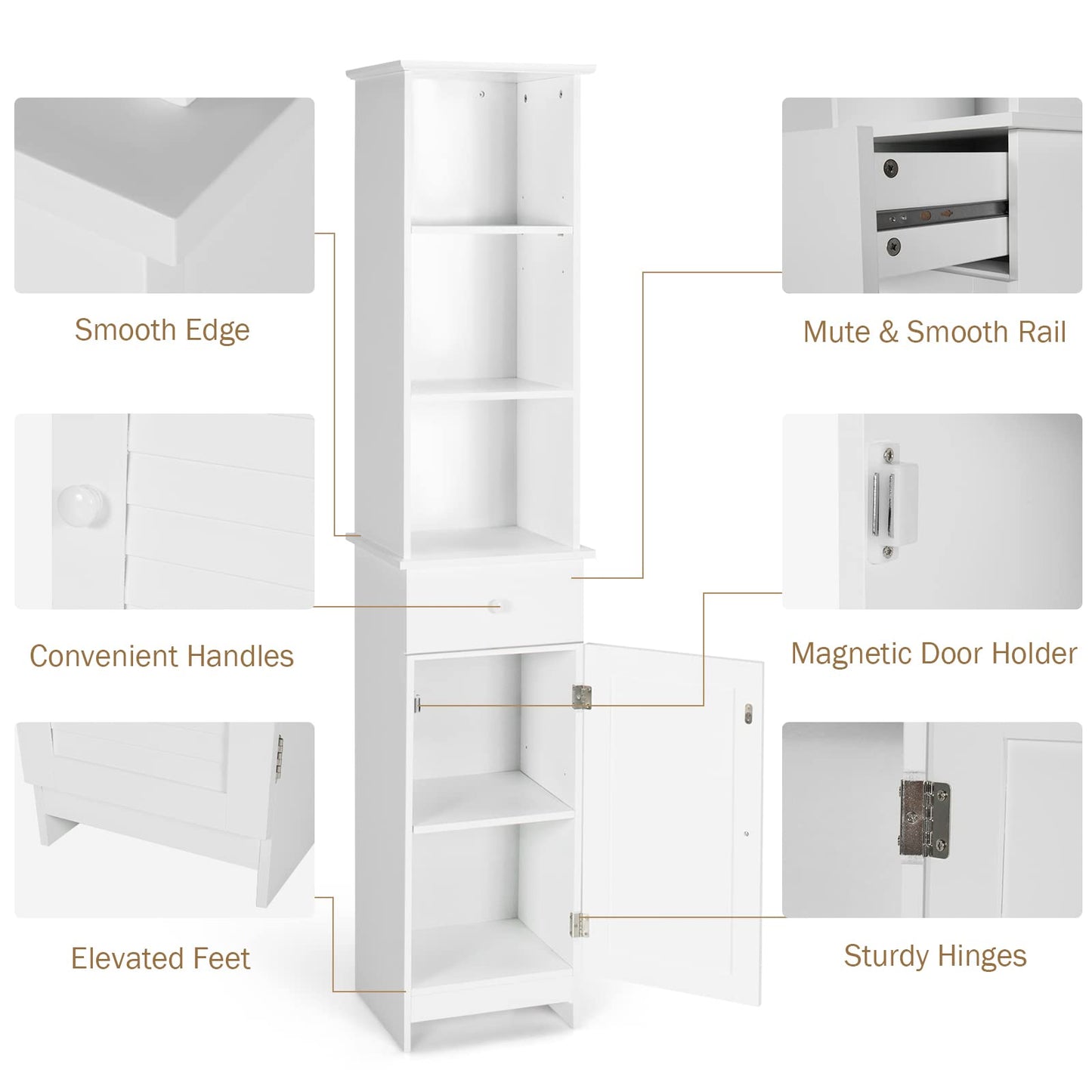 Tangkula Tall Bathroom Cabinet, Slim Storage Cabinet w/ 3 Tier Shelf, Drawer & Enclosed Cabinet, Adjustable Shelves, Narrow Floor Linen Tower for Bathroom Living Room, 13.5 x 12 x 64.5 Inch - WoodArtSupply