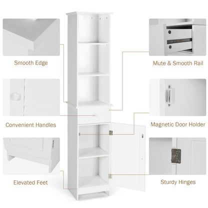 Tangkula Tall Bathroom Cabinet, Slim Storage Cabinet w/ 3 Tier Shelf, Drawer & Enclosed Cabinet, Adjustable Shelves, Narrow Floor Linen Tower for Bathroom Living Room, 13.5 x 12 x 64.5 Inch - WoodArtSupply