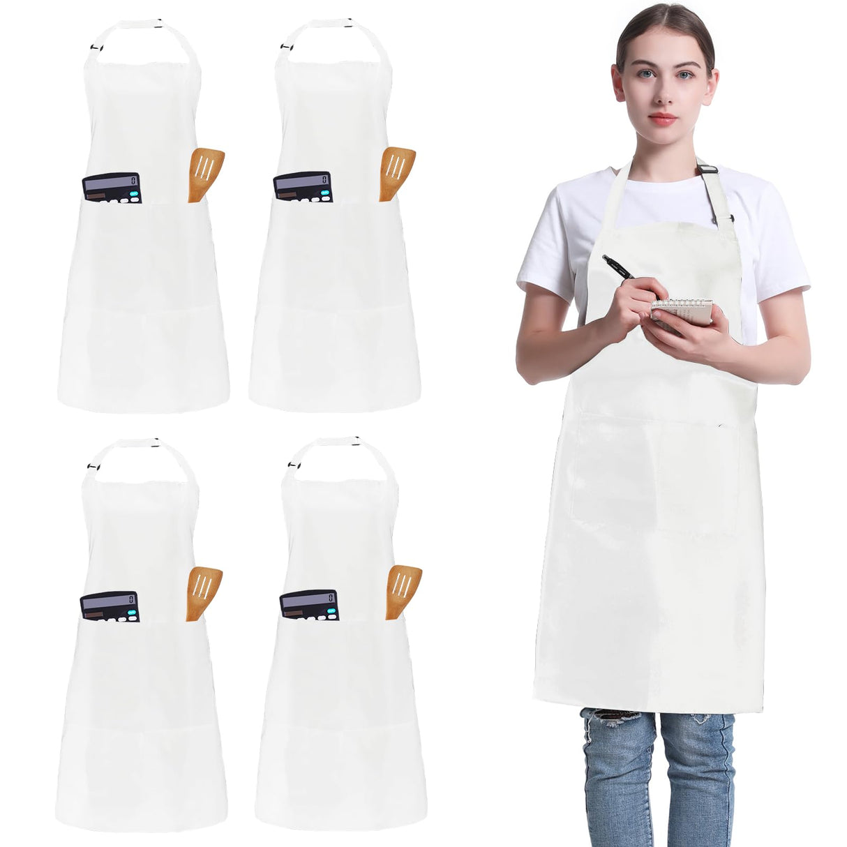 FunChaos 4 Pack Chef Apron, Adjustable Apron with 2 Pockets, Unisex Personalised Apron for Cooking, Kitchen, Restaurant (White) FunChaos