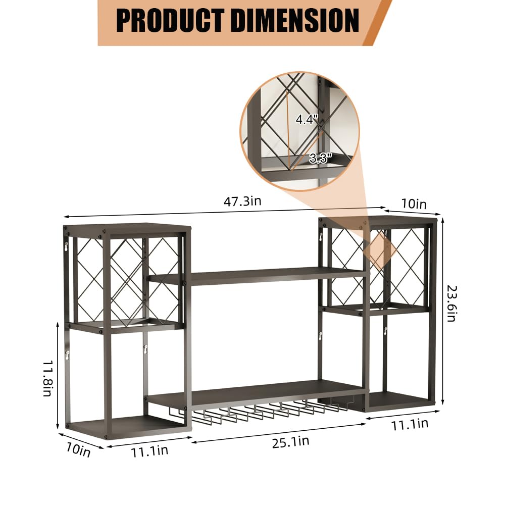 KaKaBB Metal Wall Mounted Wine Rack 2 Tier, Bar Shelves for Liquor Bottles with Glass Holder Storage, Floating Liquor Wall Shelf for Home Bar Kitchen Dining Room (Black) KaKaBB