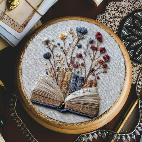 FONNUY Embroidery Kit for Beginners, Flower Book Pre-Stamped Pattern Kits for Adults with Hoop, Cross Stitch Easy to Follow Color Thread Needlework, 8'' Hoop (Blue)