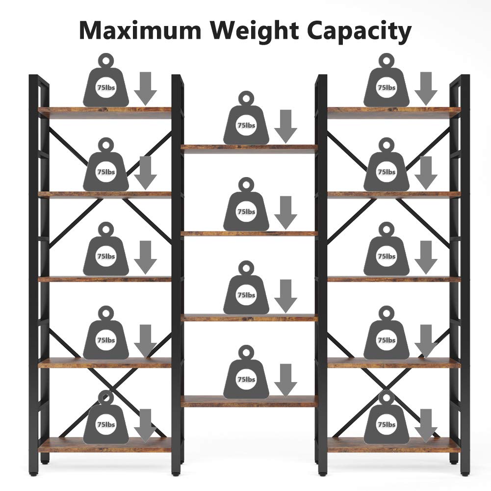 Tribesigns Vintage Brown Triple Wide 5-Shelf Etagere Bookcase - Industrial Style Wood and Metal Bookshelf for Home & Office Tribesigns