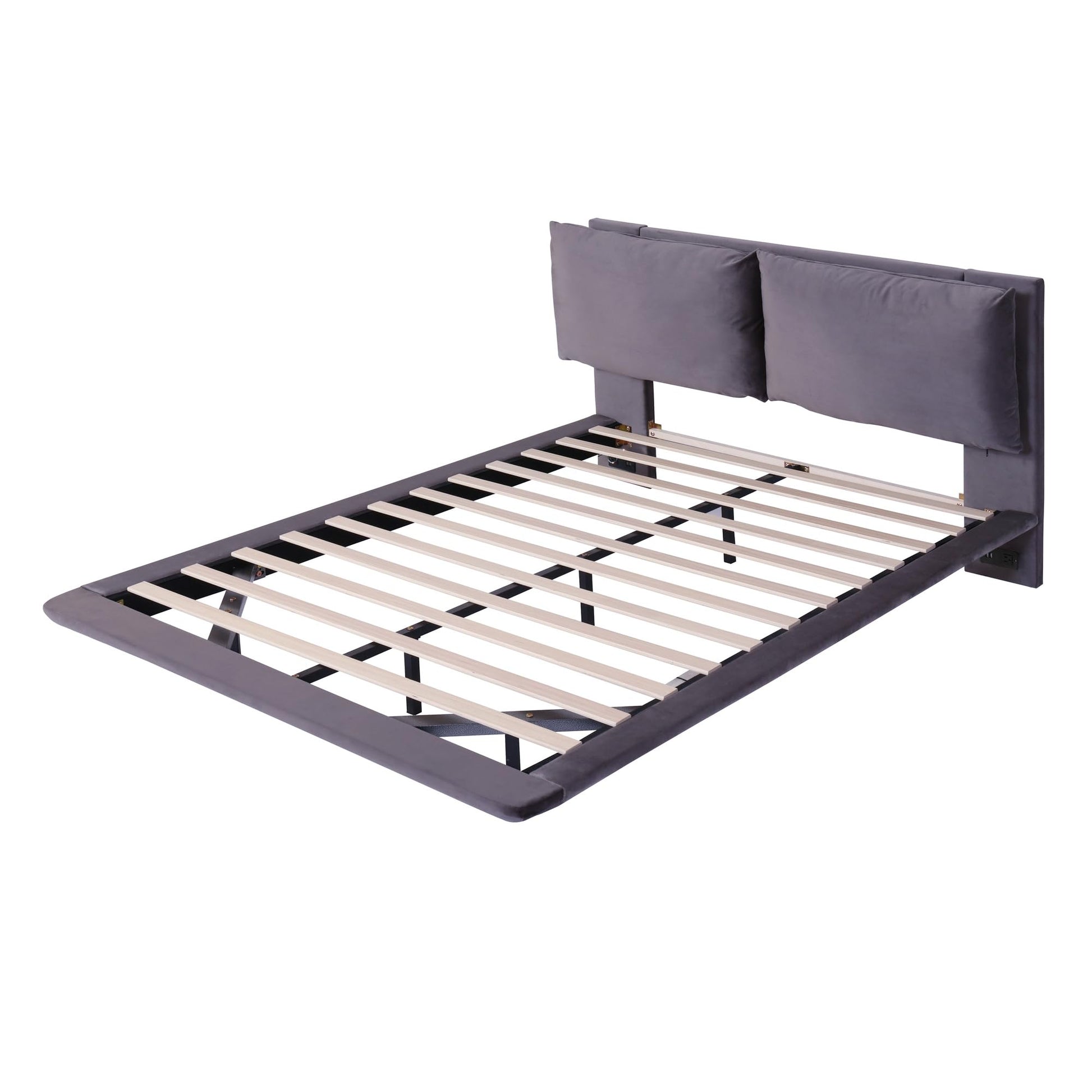 Ball & Cast Queen Size Grey Floating Bed Frame with Velvet Upholstery, Sensor Light, and USB Ports - WoodArtSupply