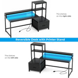 GreenForest Office Desk with Power Outlets and Printer Shelf, 59 inch Computer Desk with LED and Drawer, Reversible Gaming Desk with Storage for Home Study Working,Black GreenForest
