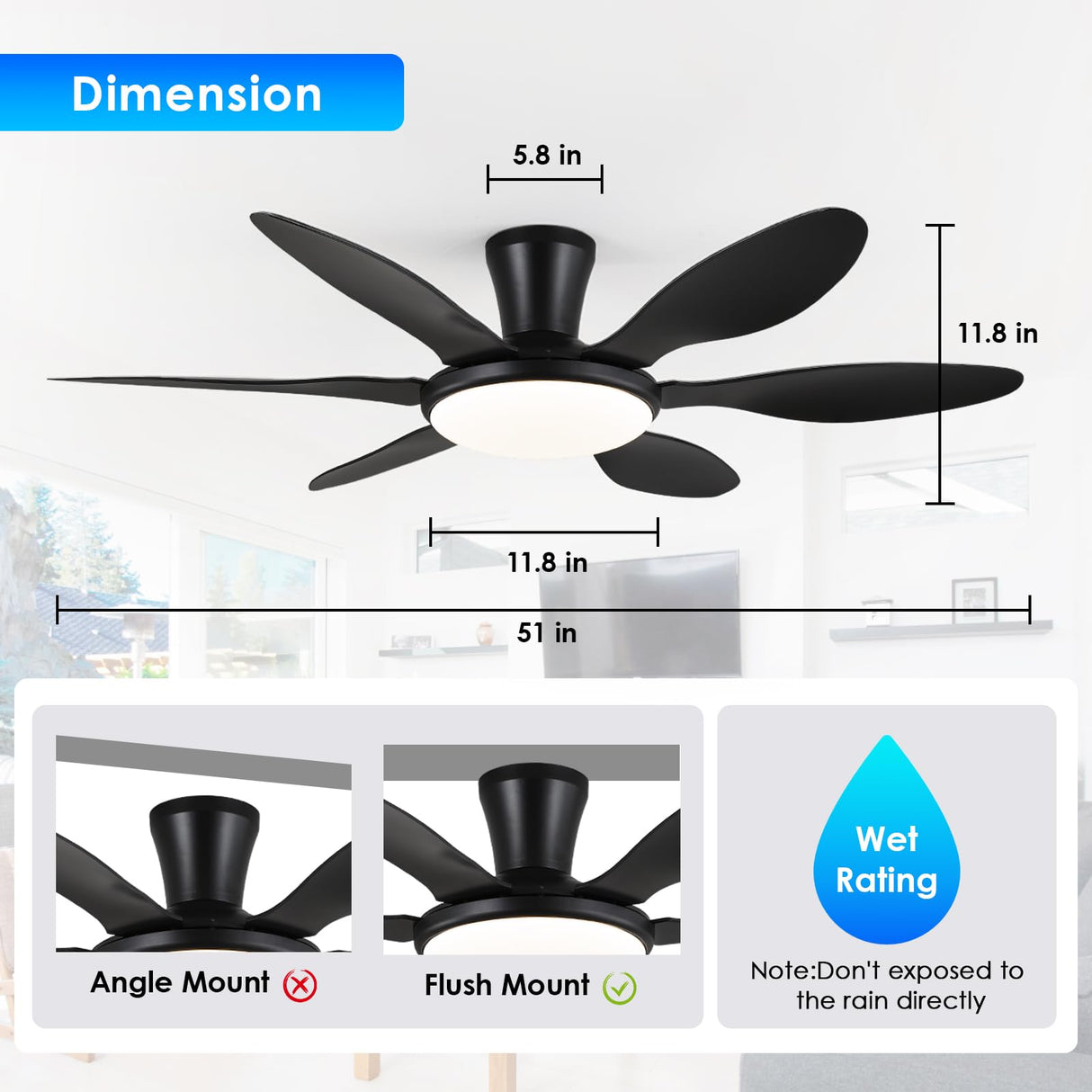 Ceiling Fans with Lights, 51 inch Modern Black Low Profile Ceiling Fan with Light and Remote App Control, Flush Mount, Quiet DC Reversible, Dim Led Ceiling Fan 6 Blade Softer Wind Indoor/Outdoor Patio BayDay