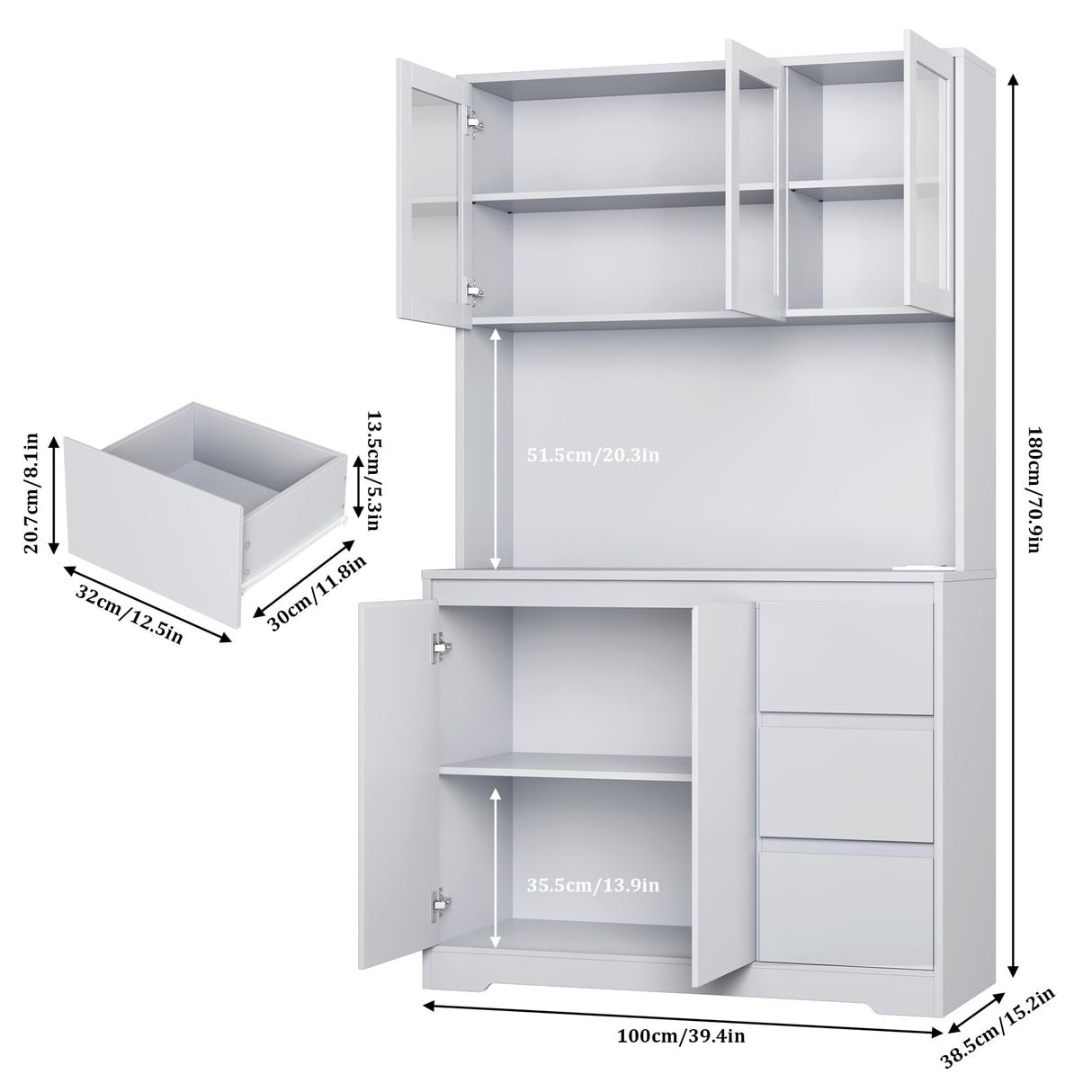 FINETONES 71" Kitchen Pantry Cabinet with LED Lights and Charging Station, Modern Kitchen Hutch Cabinets with Storage and Microwave Stand, Pantry Cabinets Buffet Cabinet with Countertop, Grey FINETONES