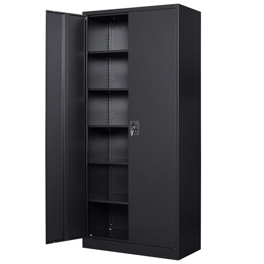 MIIIKO Black Metal Cabinet with Doors and Shelves, 72" Tall Steel Cabinet for Storage with 5 Shelves, Garage Storage Cabinet Heavy Duty, 18" Deep Locker Cabinet for Home Office Pantry Worksho - WoodArtSupply