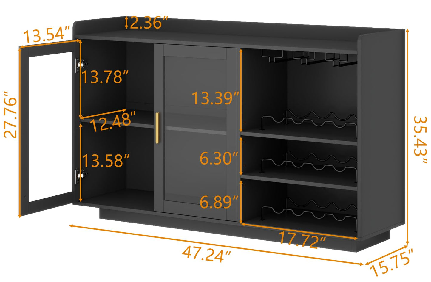 Loomie Wine Bar Cabinet with LED Lights, Floating Coffee Bar with Glass Rack and Removable Wine Racks, Modern Buffet Sideboard with Storage Shelves, Kithchen Bar with Glass Cabinet Doors, Bla - WoodArtSupply