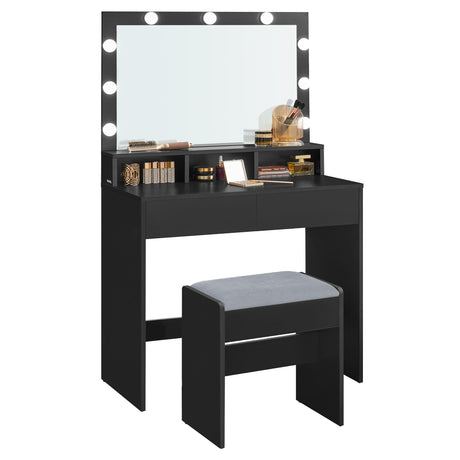 VASAGLE Vanity Desk with Mirror and Lights, Makeup Vanity with Upholstered Vanity Stool, 9 Dimmable LED Lights, 3 Compartments, 2 Drawers, for Bedroom, Ink Black URDT129B01 VASAGLE