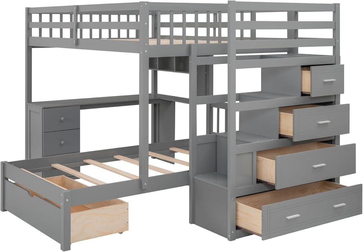 MERITLINE Full Over Twin L Shaped Bunk Bed with Stairs and Desk,Solid Wood L-Shaped Bunk Bed with Storage Drawers,Shelves,Ladder,Headboard and Guardrail,No Box Spring Needed (Grey) MERITLINE