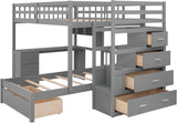 MERITLINE Full Over Twin L Shaped Bunk Bed with Stairs and Desk,Solid Wood L-Shaped Bunk Bed with Storage Drawers,Shelves,Ladder,Headboard and Guardrail,No Box Spring Needed (Grey) MERITLINE