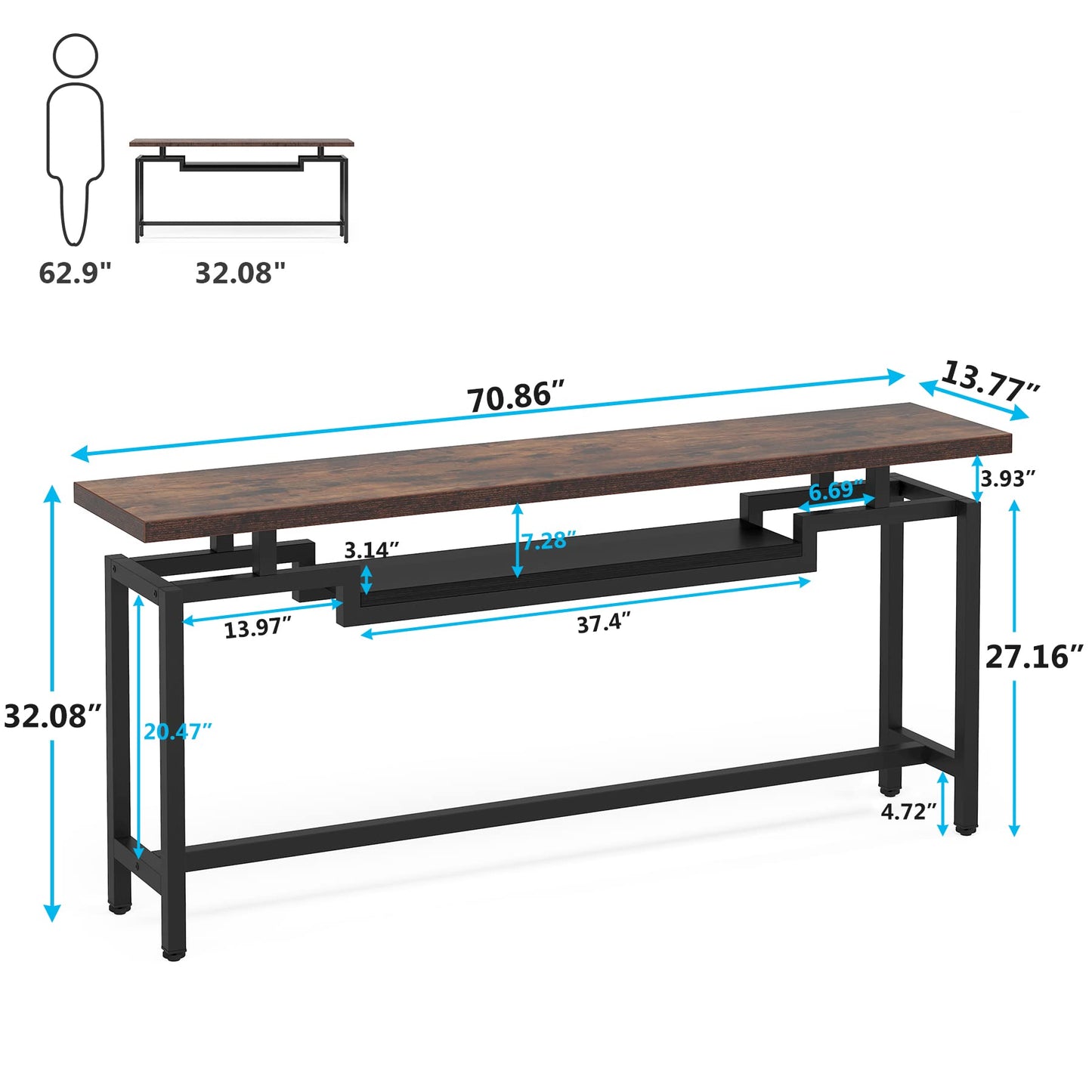 Tribesigns 70 inch Sofa Table, Narrow Long Console Table with 2 Tiers, Industiral TV Console Behind Couch Table with Storage for Entryway, Living Room, Brown & Black - WoodArtSupply