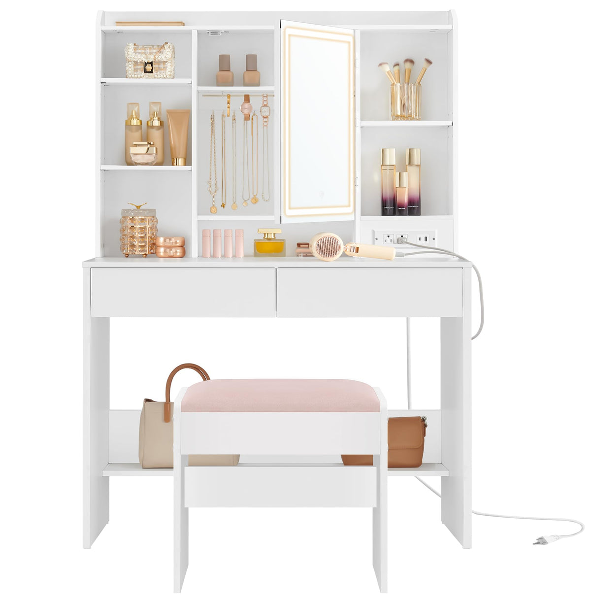 VASAGLE Vanity Desk with Power Outlets, Makeup Vanity with Mirror and Lights, Upholstered Vanity Stool, Dimmable LED Lights, 6 Compartments, 2 Drawers, for Bedroom, Cloud White URDT031W01 VASAGLE