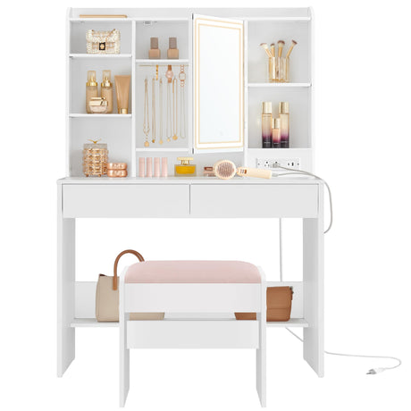 VASAGLE Vanity Desk with Power Outlets, Makeup Vanity with Mirror and Lights, Upholstered Vanity Stool, Dimmable LED Lights, 6 Compartments, 2 Drawers, for Bedroom, Cloud White URDT031W01 VASAGLE