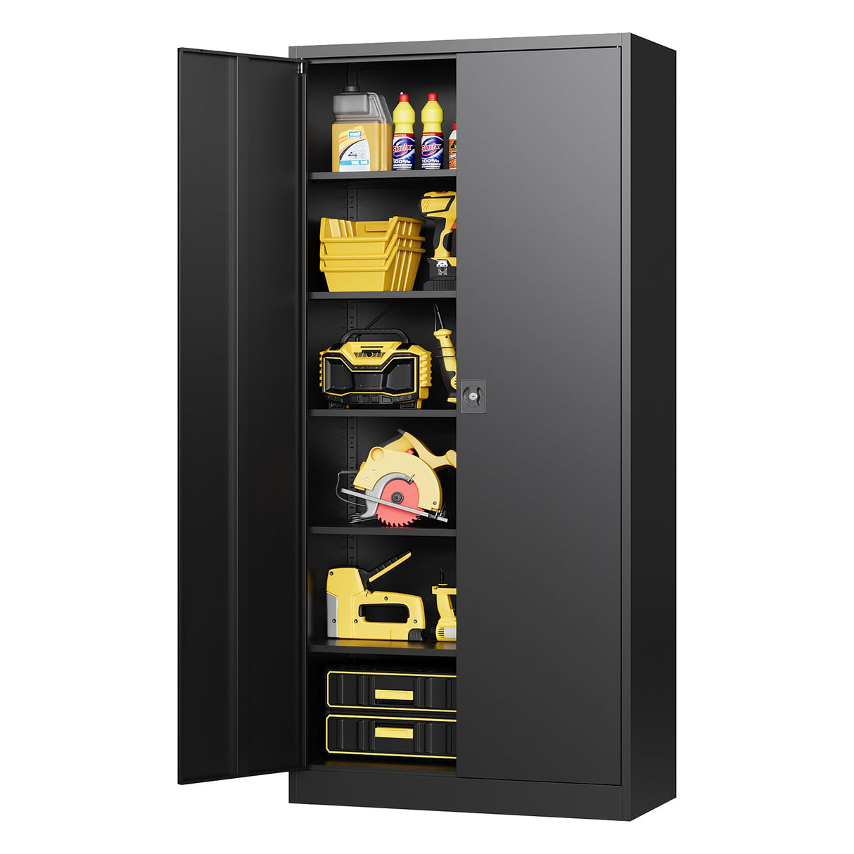 BYNSOE Metal Garage Storage Cabinet with 5 Adjustable Shelves Metal Locking Cabinet with Door Lockable Steel Tool Cabinets Door for Home, School, Office, Garage (Black, 71 inch) BYNSOE