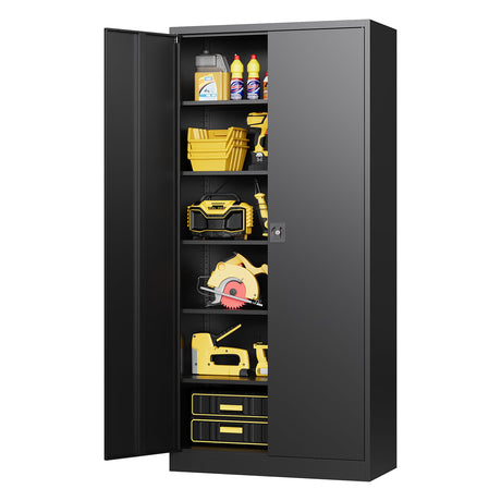 BYNSOE Metal Garage Storage Cabinet with 5 Adjustable Shelves Metal Locking Cabinet with Door Lockable Steel Tool Cabinets Door for Home, School, Office, Garage (Black, 71 inch) BYNSOE