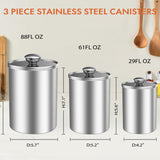 ENLOY Canister Sets for Kitchen Counter, 3 Piece Stainless Steel Food Storage Container with Clear Glass Lids for Coffee, Tea Organizers, Sugar Canister, Flour Canister Set of 3, 88/61/29 oz ENLOY