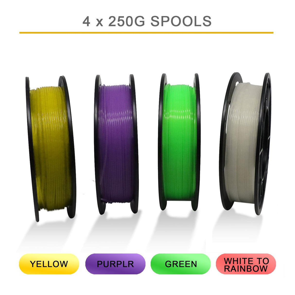 RepRapper 4 x 250g Glow Colors Pack, Glow in The Dark PLA Filament 1.75mm (+- 0.03mm) for 3D Printer, 4x250g Spools - Yellow, Purple, Green, White to Rainbow RepRapper