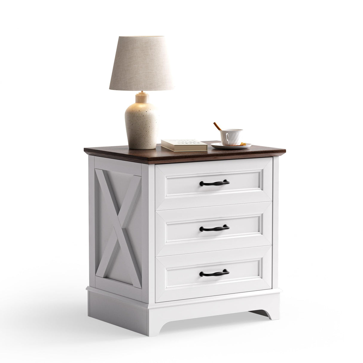 GRUSIGN Nightstand with Drawers - 22.44" Wide End Table with 3 Large Drawers & Bar Handles, Small Rustic Wood Chest of Drawers for Bedroom, Living Room, Closet, White GRUSIGN