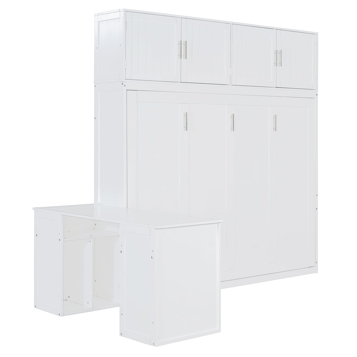 Merax Queen Size Wall Murphy Bed with Desk and Storage Shelves and Big Cabinets for Guest Room, Bed Room, Guest Room, Home Office, White Merax