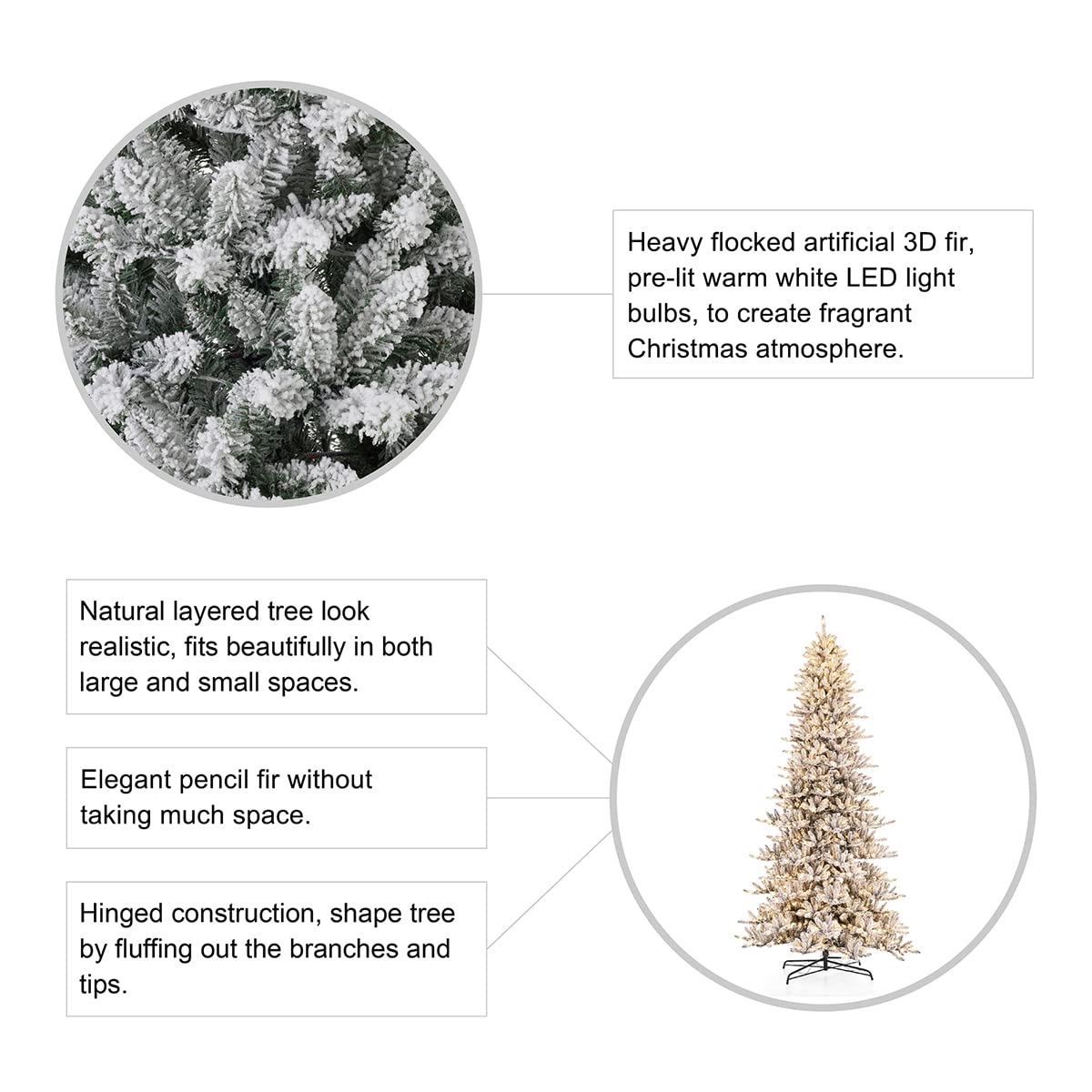 Glitzhome 11ft Pre-Lit Flocked Slim Fir Artificial Christmas Tree, Large Xmas Tree with 950 Warm White Lights for Holiday Decorations