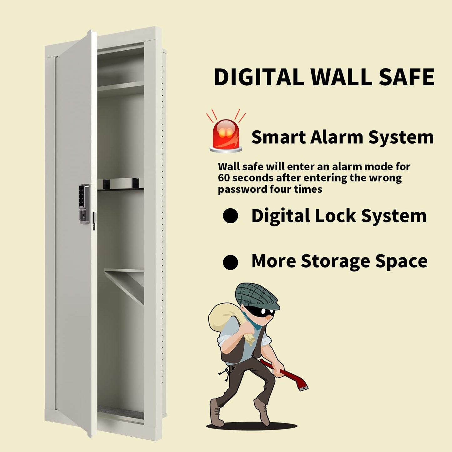 53" Tall Wall Gun Safe Between Stud, Hidden In Wall Rifle Safes Heavy Duty Cabinet Safe Wall Long Gun Safe for Home with Removable Shelf & Digital Keypad, Security Wall Safe for Guns Money Valuables