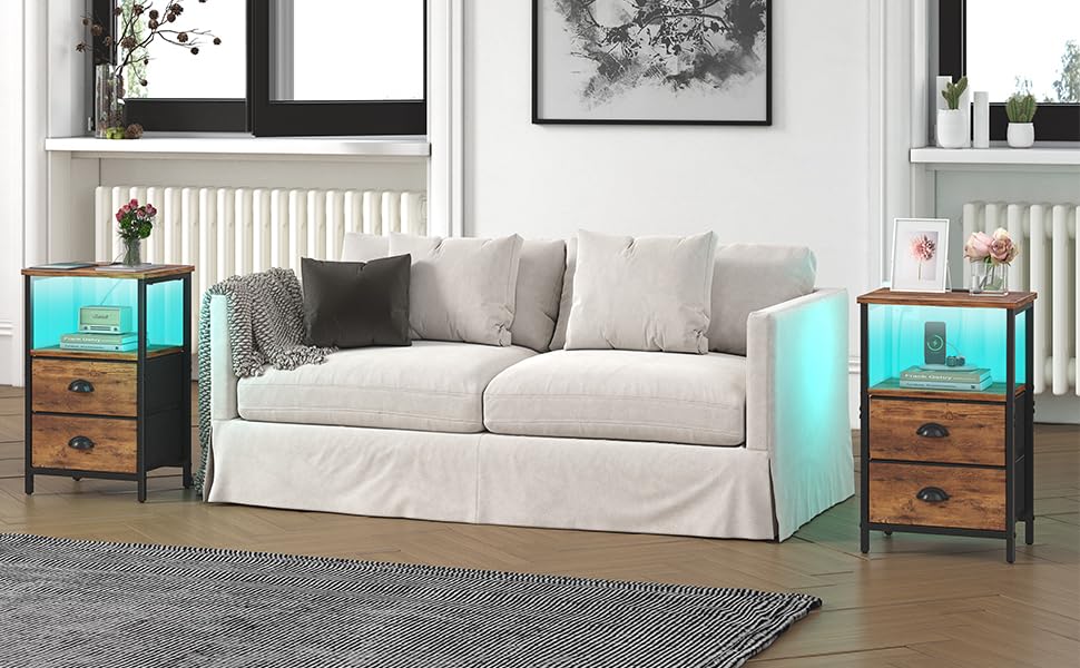 Sthmec Rustic Brown Industrial Nightstand Set of 2, Bedside Table with 2 Fabric Drawers, 3-Tier Storage, LED Light, Charging Station, 11.38''D * 15.38''W* 24.75''H sthmec