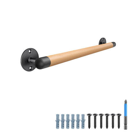 SELEWARE 26 Inch Wood Handrail Stair Handrail Drywall or Concrete Mount Handrail w/Sturdy Metal Base, Barrier-Free Staircase Grab Bar for Elderly, 1.3 Inch Round SELEWARE