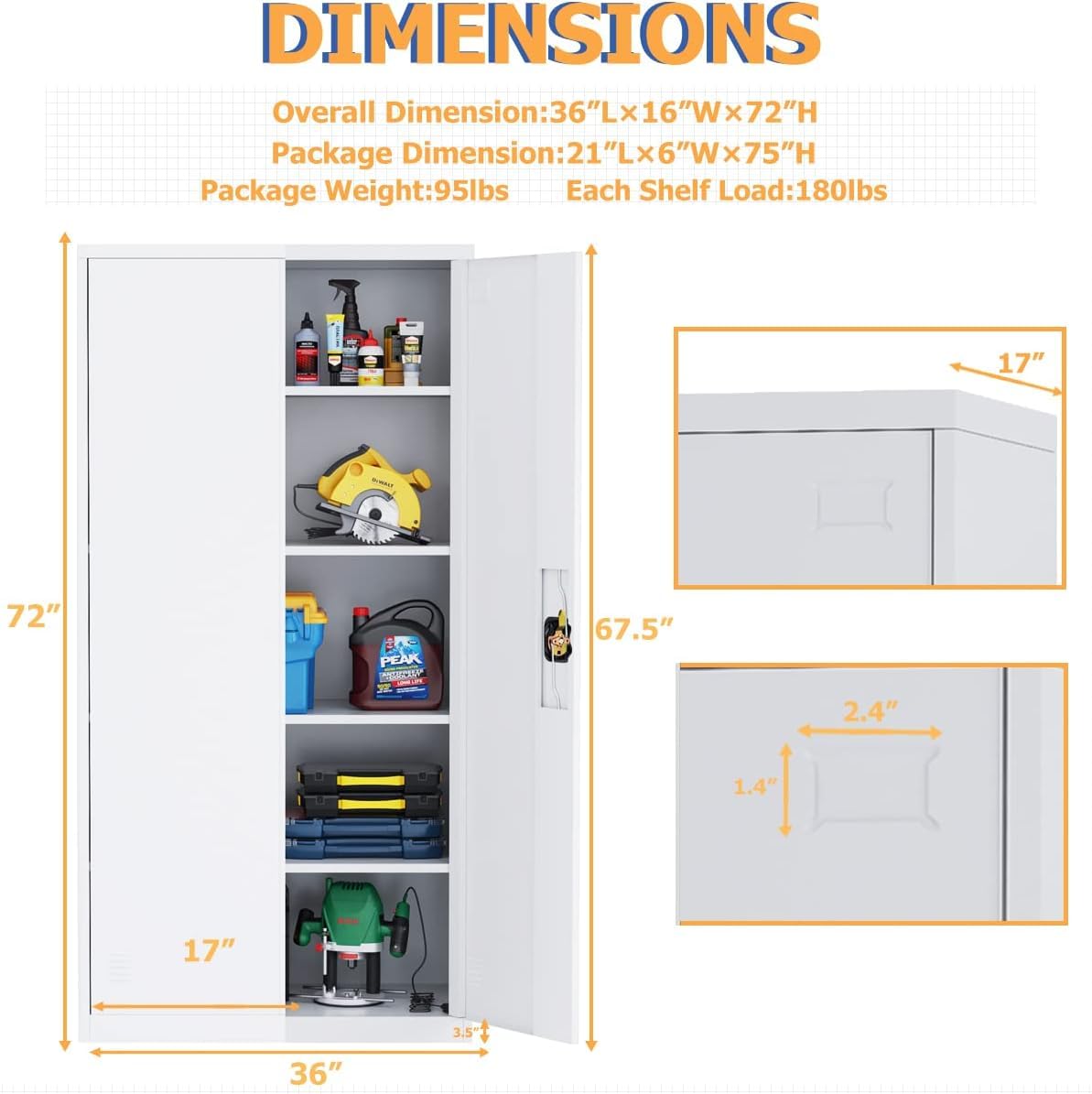 Metal Garage Storage Cabinet, 72" Tall Steel File Cabinet with 2 Lockable Doors and Adjustable Shelves, Utility Heavy Duty Tool Cabinet for Warehouse, Garages, Offices, Kitchens, Gyms, Milky  - WoodArtSupply