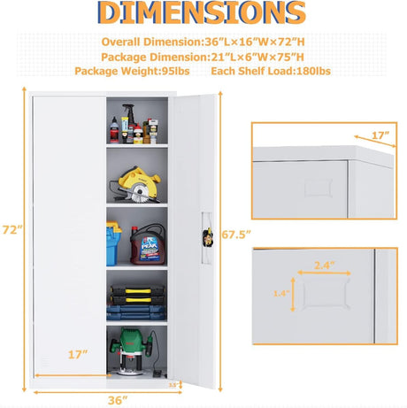 Metal Garage Storage Cabinet, 72" Tall Steel File Cabinet with 2 Lockable Doors and Adjustable Shelves, Utility Heavy Duty Tool Cabinet for Warehouse, Garages, Offices, Kitchens, Gyms, Milky White EazeHome