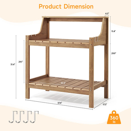 ONBRILL Potting Bench Table, HDPS Potting Bench with 4 Side Hooks, All-Weather Garden Table Work Station, Outdoor Potting Table for Porch, No Rust, No Fade, No Break, 360lbs Capacity (Teak, Large) ONBRILL