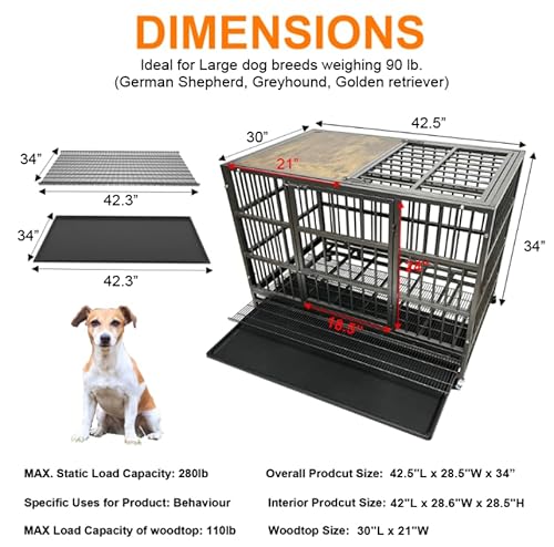 BOLDBONE 42" Furniture Dog Crate for Large Dogs, Heavy Duty Dog Kennel Indoor with Removable Crate Trays, Wheels and Stylish Wooden Top, Extra Large XL XXL Dog Cage BOLDBONE