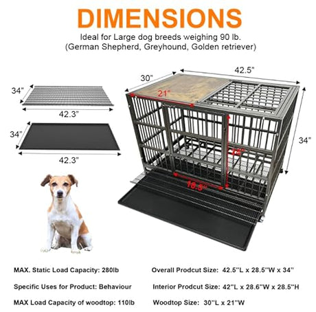 BOLDBONE 42" Furniture Dog Crate for Large Dogs, Heavy Duty Dog Kennel Indoor with Removable Crate Trays, Wheels and Stylish Wooden Top, Extra Large XL XXL Dog Cage BOLDBONE