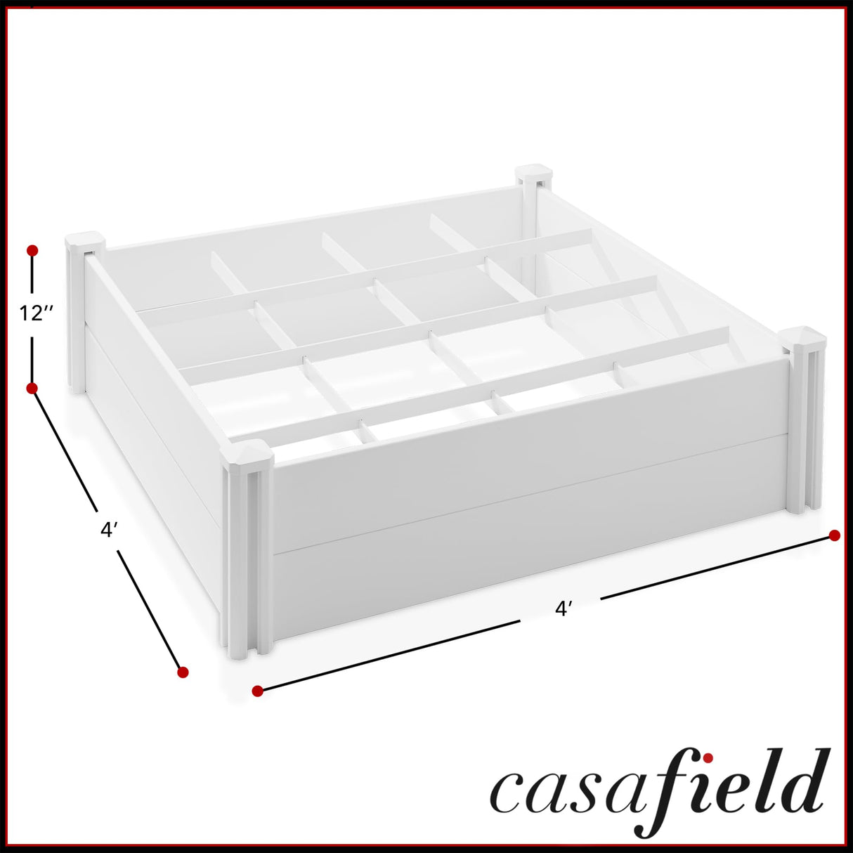 Casafield 4' x 4' x 12" White Vinyl Raised Garden Bed with Grid System, Outdoor Above Ground Planter Box for Flowers, Vegetables, and Gardening Casafield
