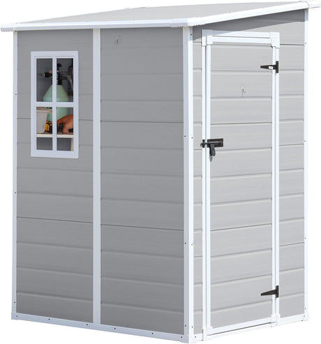 CDCASA 5x4 FT Resin Storage Shed, Waterproof Sheds & Outdoor Storage with Floor & Window & Lockable Door, Tool Shed for Garden, Patio, Backyard, Light Grey CDCASA