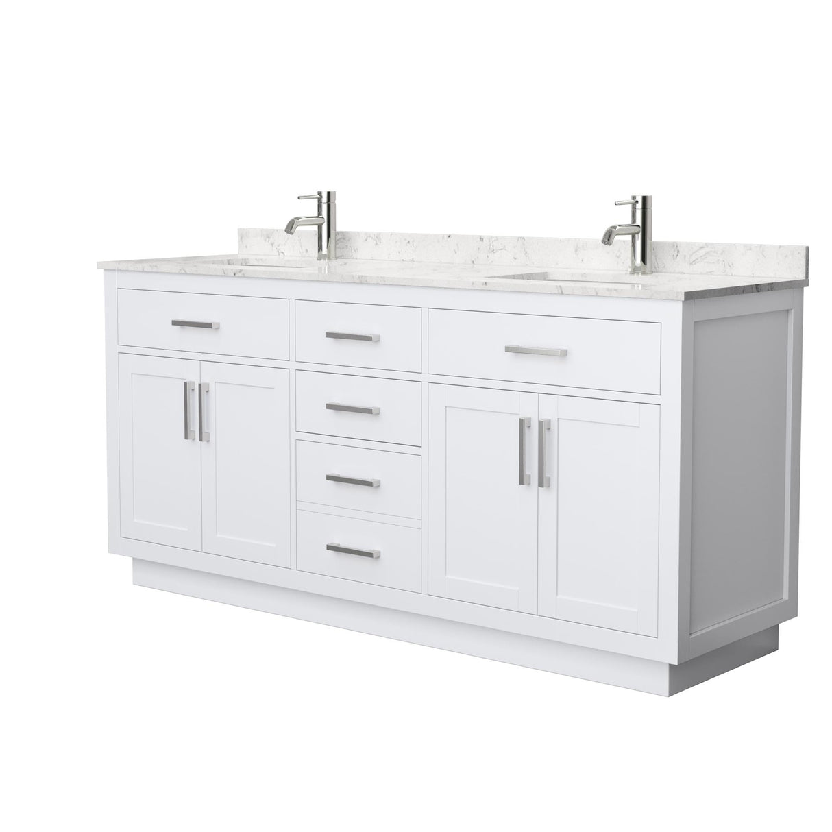 Wyndham Collection Beckett 72 Inch Double Bathroom Vanity with Toe Kick in White, Carrara Cultured Marble Countertop, Undermount Square Sinks, Brushed Nickel Trim Wyndham Collection