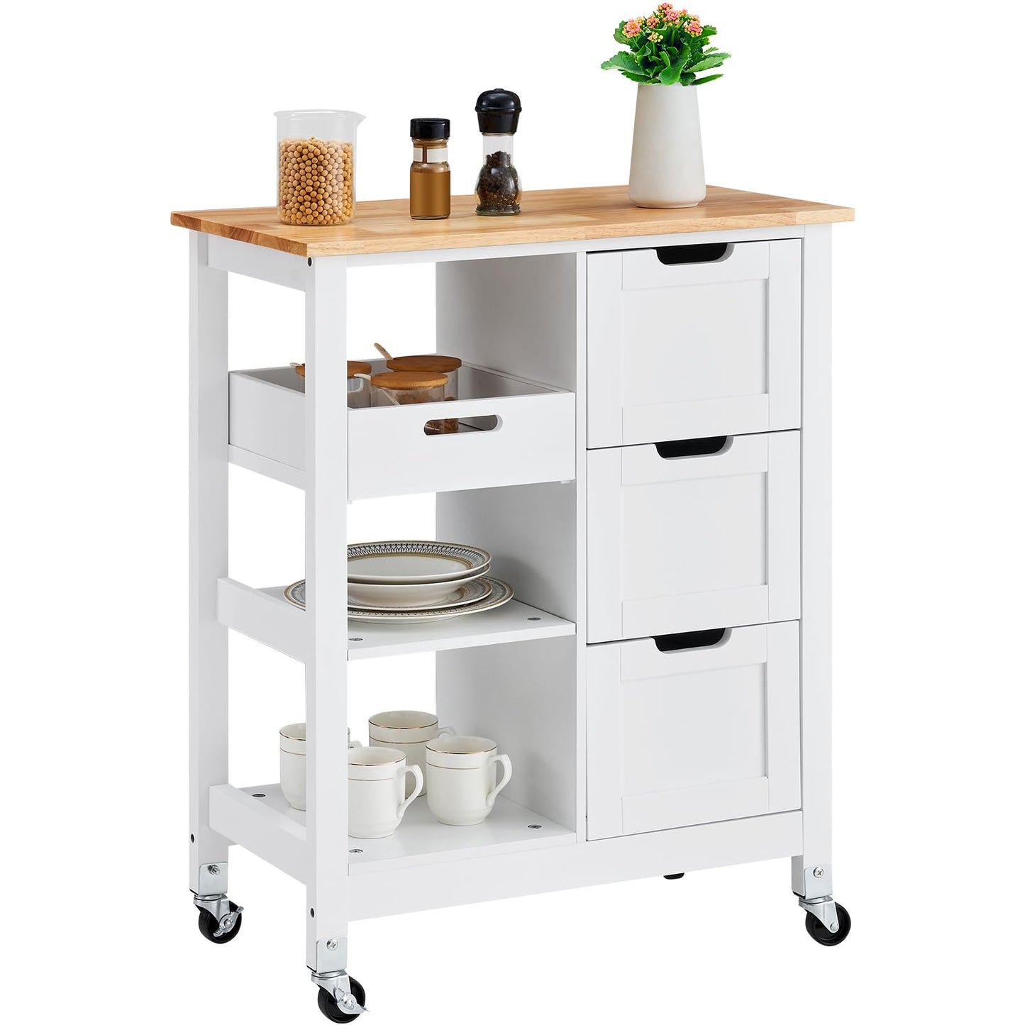 VEVOR Kitchen Island Cart, 26 inch Wood Top Mobile Breakfast Bar, Rolling Kitchen Table with 3 Drawers and Shelves, Portable Islands on Wheels, for Dining Kitchen Living Room Farmhouse, White