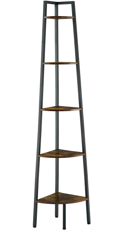 Hoctieon 5-Tier Rustic Brown Corner Shelf - Industrial Ladder Display Rack for Small Spaces - WoodArtSupply