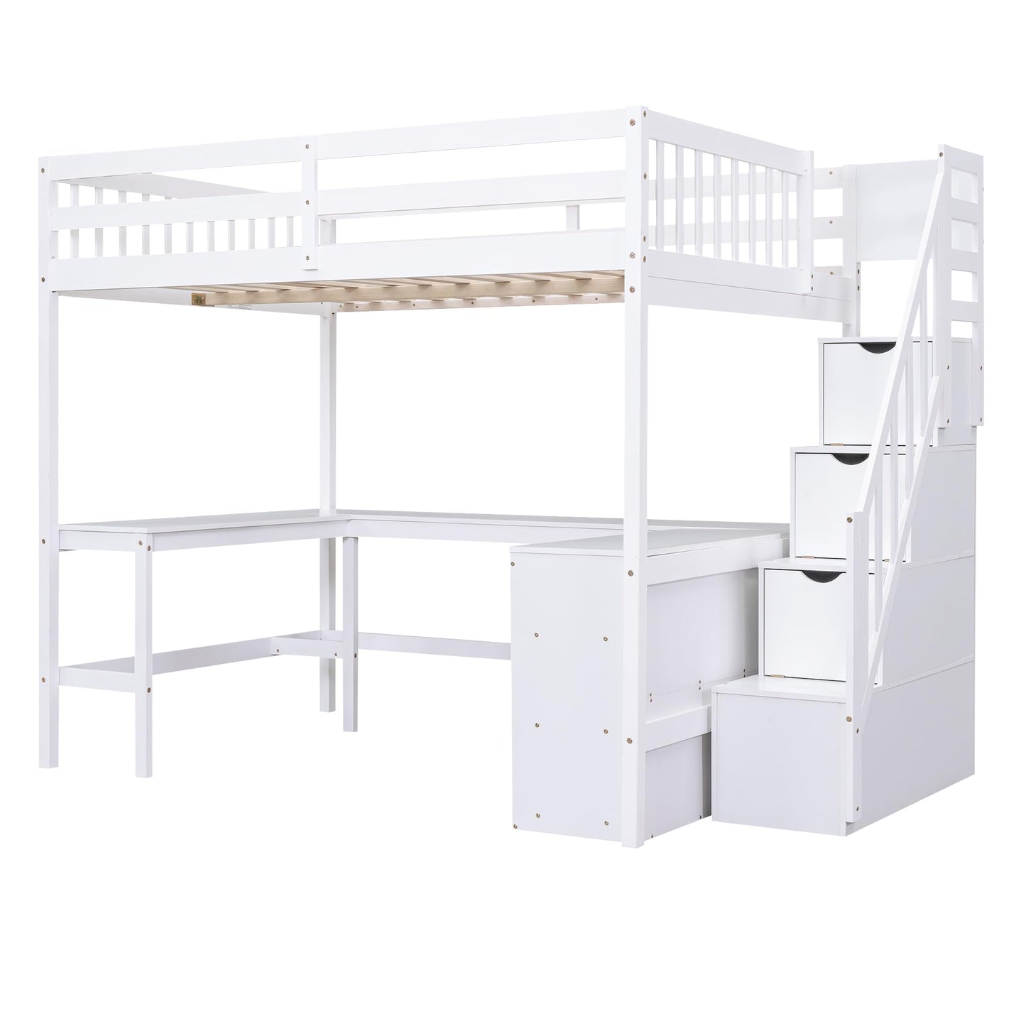 BOVZA Full Size White Loft Bed with Storage Stairs, L-Shaped Desk, and 3-Tier Bookcase for Kids and Teens