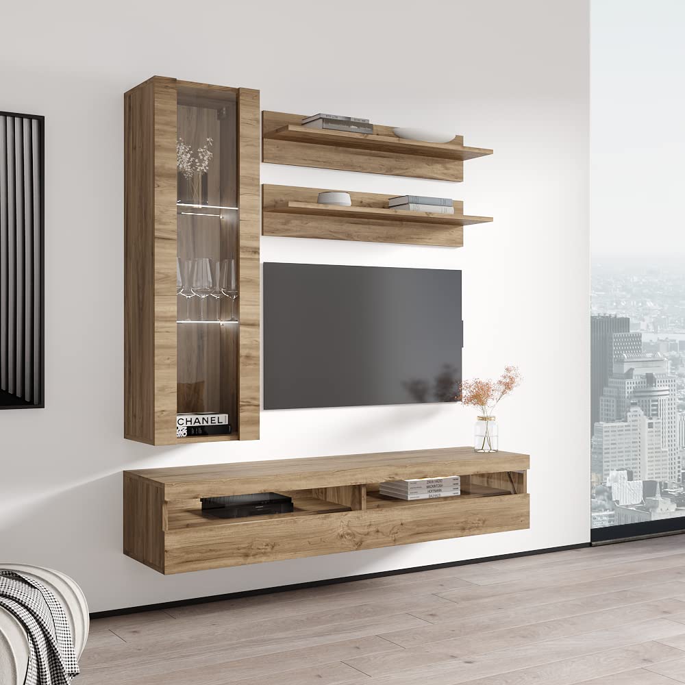 Meble Furniture Fly H2 35TV Stand - Wall-Mounted Entertainment Center Console for Bedroom & Living Room - Modern TV Floating Entertainment Center with Storage, Shelves, and LED Lights - Oak MEBLE FURNITURE & RUGS