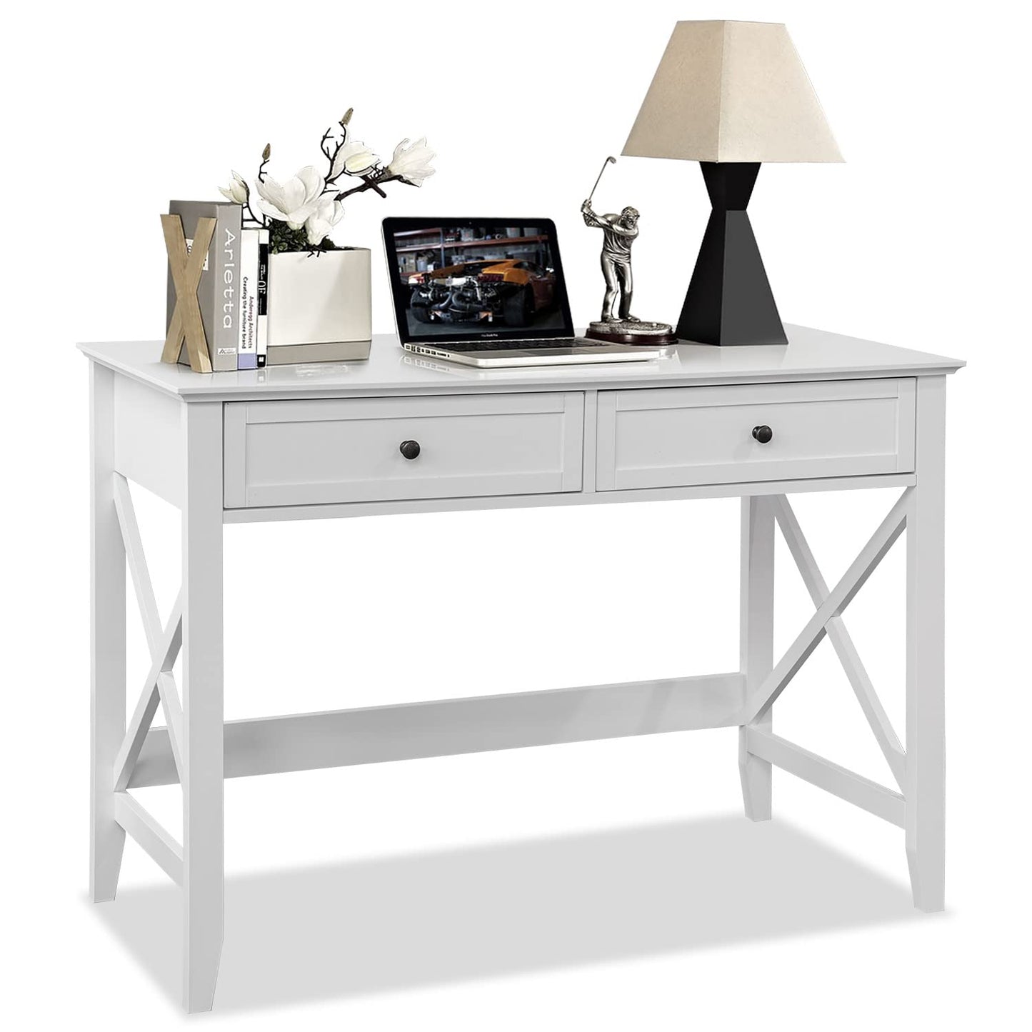 White Computer Desk with 2 Drawers, Modern Makeup Vanity Desk with Storage, Writing Desk for Home Office, 42'' Long Study Simple White Desk for Bedroom Console Table Living Room - WoodArtSupply