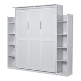 Merax Queen Size Murphy Bed, Wooden Queen Wall Bed with Shelves and LED Lights, White Merax