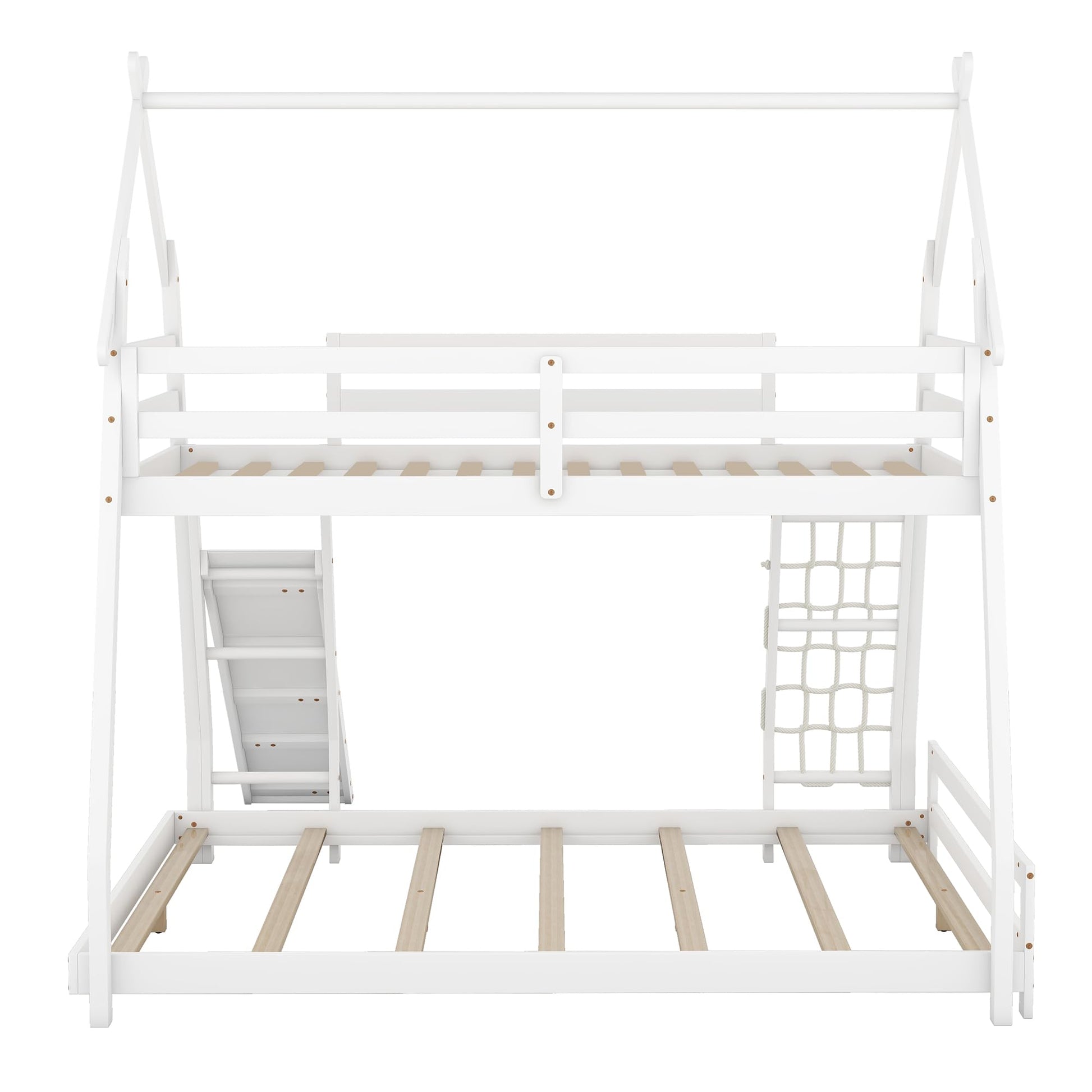 Merax Twin over Queen Solid Wood Bunk Bed with Climbing Ramp and Nets in White - WoodArtSupply